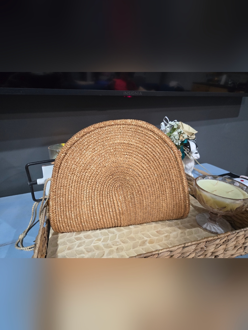 Woven Straw Half-Moon Shoulder Bag in Natural Brown
